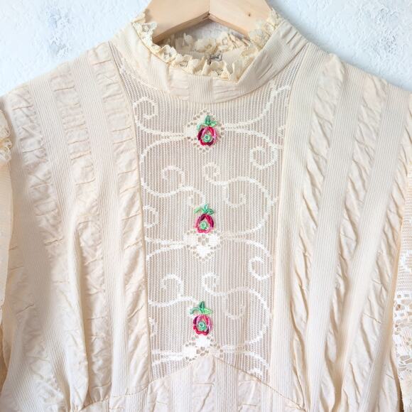 Rare Vintage 40s 50s Womens Dress with Lace Embroidery Rosette Edwardian Prairie - Picture 10 of 16